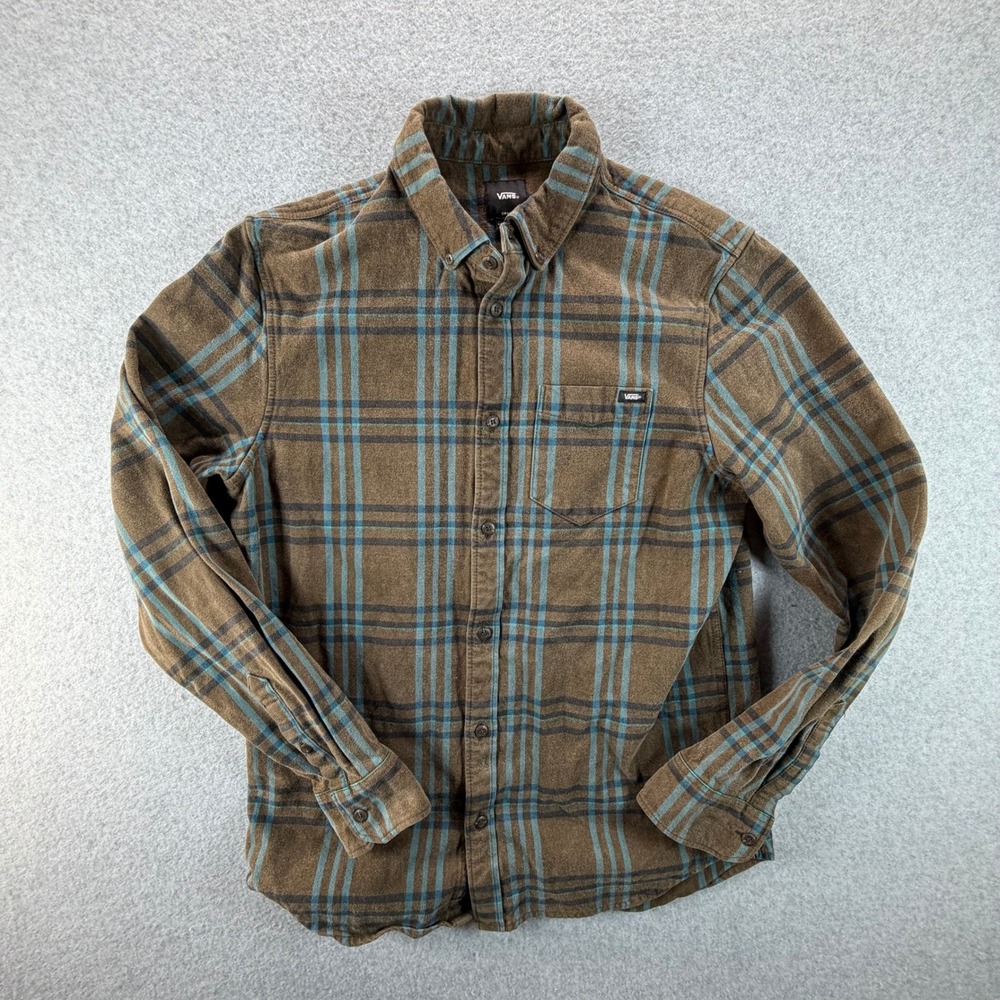 Vans Mens Small Classic Fit Flannel Shirt Brown Teal Plaid Long Sleeve Button Up